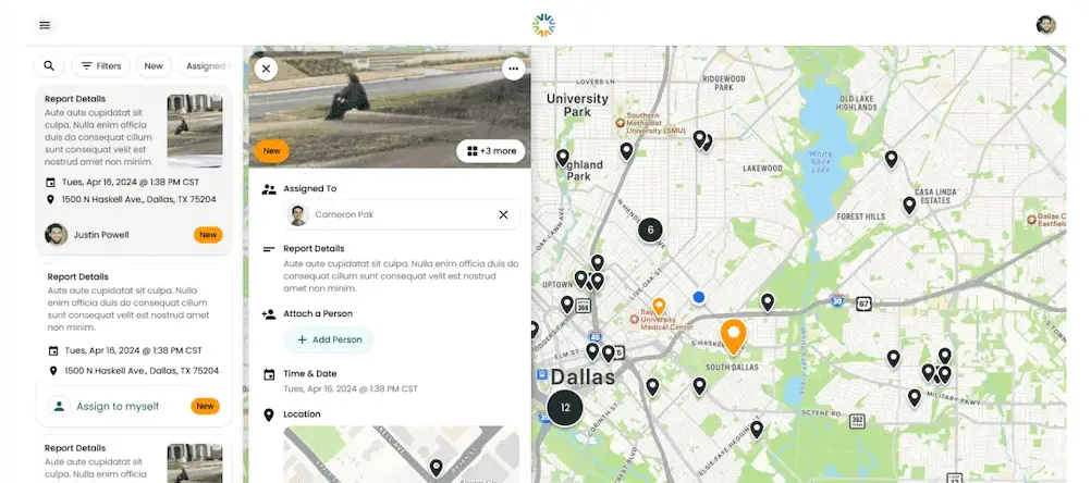 The Neighbor Solutions app: a list of community-resource reports beside a detail panel and a map of Dallas dotted with resource locations.