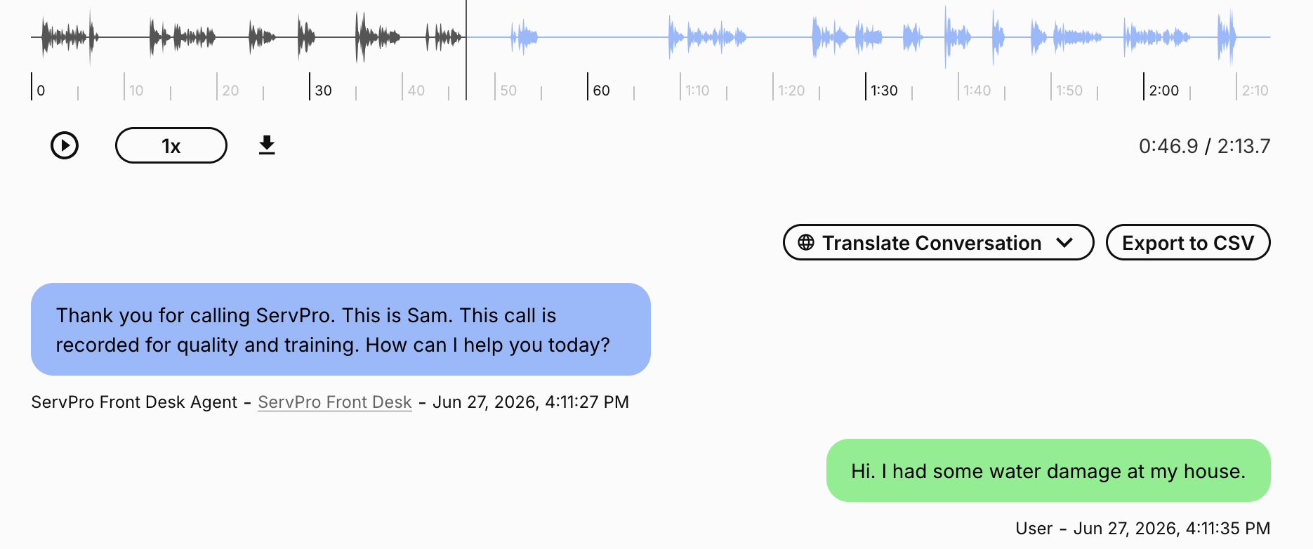 Transcript of a caller talking with the ServPro AI voice agent